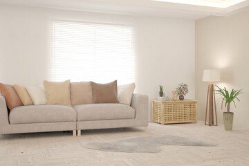 Fototapeta na wymiar Brown living room with sofa. Scandinavian interior design. 3D illustration
