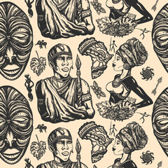 Fototapeta na wymiar Africa vintage seamless pattern. Ethnic afro girl and black tribe man. Tattoo art. African woman in traditional turban, maasai warrior, tribal mask, map. Tradition and culture background