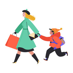 Side View of a Mother with son Walking Forward.