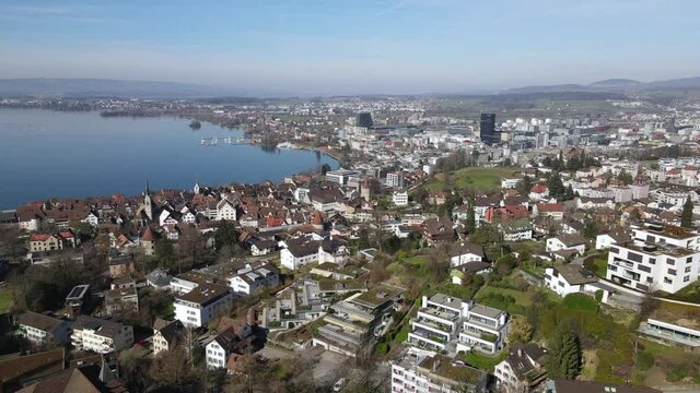 Aerial drone view of Zug old town and Lake Zug, Switzerland