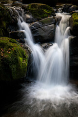 waterfall in the forest or motion of water at brook of water fall. with tree leaf and stone rock. at Spun or Span Nan province, Thailand, Asia.