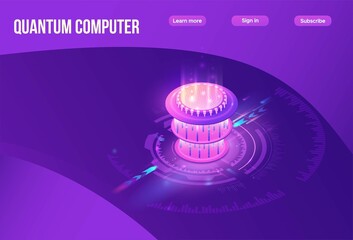 Quantum computer futuristic processor, chip with network, isometric vector illustration, glowing purple design, innovation cloud computing technology