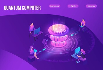 Quantum computer futuristic processor, chip with network, people work on laptop, isometric vector illustration, glowing purple design, innovation cloud computing technology - 415534690