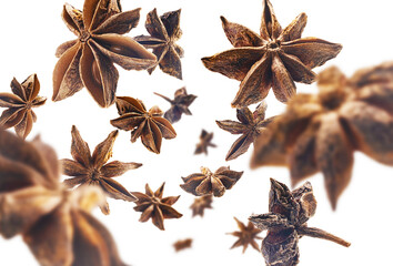 Anise stars levitate on a white background