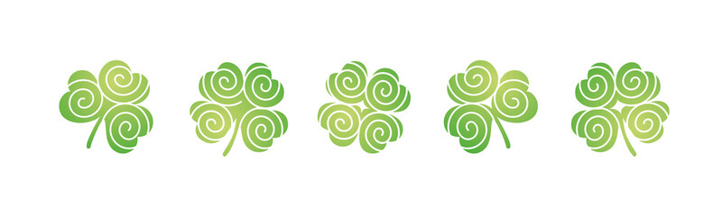 Simple three four leaf clovers spiral sample vintage elements shamrock for St Patricks Day on isolated white background banner