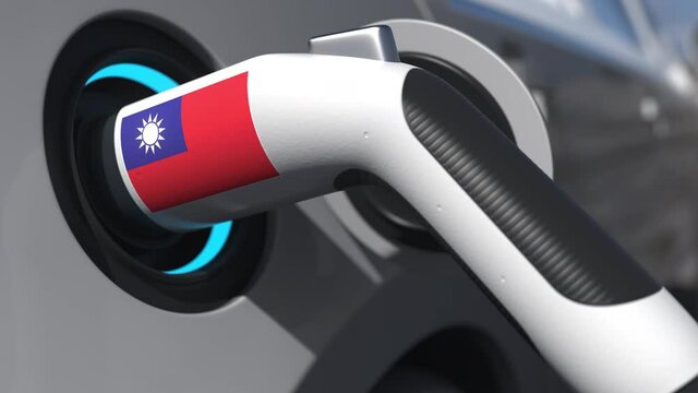 Charging plug in an electric car with flag of Taiwan. Conceptual 3d animation