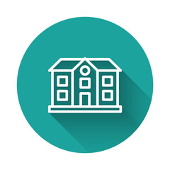White line House icon isolated with long shadow background. Home symbol. Green circle button. Vector.