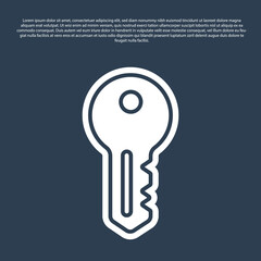 Blue line House key icon isolated on blue background. Vector.