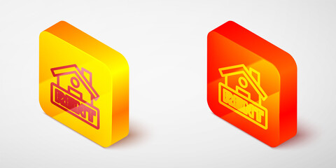 Isometric line Hanging sign with text Rent icon isolated on grey background. Signboard with text For Rent. Yellow and orange square button. Vector.