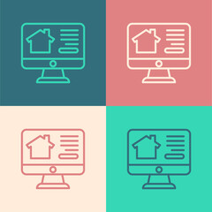 Pop art line Online real estate house on monitor icon isolated on color background. Home loan concept, rent, buy, buying a property. Vector.