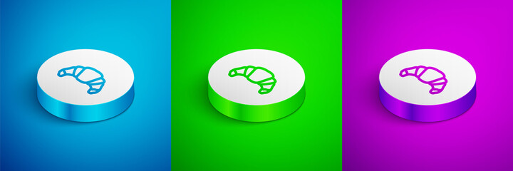 Isometric line Croissant icon isolated on blue,green and purple background. White circle button. Vector.