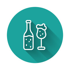 White line Beer bottle and glass icon isolated with long shadow background. Alcohol Drink symbol. Green circle button. Vector.
