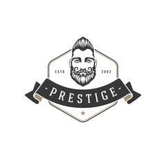 Bearded male full face vintage vector logo. Prestige barbershop label with hipster head stylish beard and mustache.