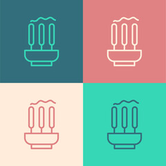 Pop art line Burning aromatic incense sticks icon isolated on color background. Vector.