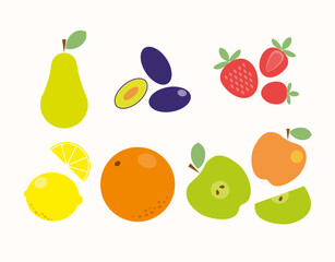 Fruits isolated on white background.  Colorful vector set. Set of healty organic food. Flat illustration.