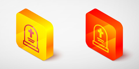 Isometric line Tombstone with cross icon isolated on grey background. Grave icon. Happy Halloween party. Yellow and orange square button. Vector.