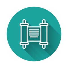 White line Decree, paper, parchment, scroll icon icon isolated with long shadow background. Chinese scroll. Green circle button. Vector.