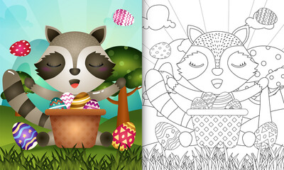 coloring book for kids themed happy easter day with character illustration of a cute raccoon in the bucket egg