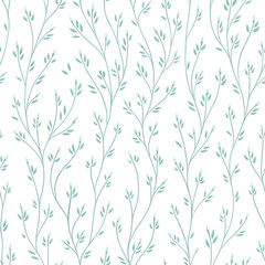 Abstract nature seamless pattern with  blue contours of twigs with leaves on white background. Softness spring template for design, textile, wallpaper, web background.