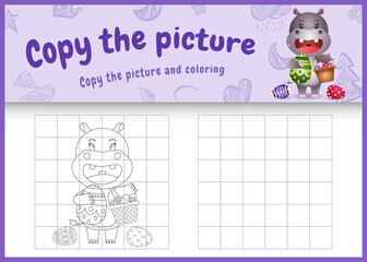 copy the picture kids game and coloring page themed easter with a cute hippo holding the bucket egg and easter egg