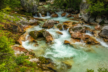 Vivid turquoise Soca river valley near Bovec in Triglav National Park, Julian Alps, Slovenia Europe.