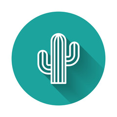 White line Cactus icon isolated with long shadow background. Green circle button. Vector.