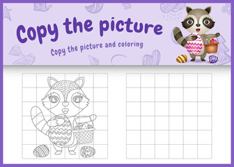 copy the picture kids game and coloring page themed easter with a cute raccoon holding the bucket egg and easter egg