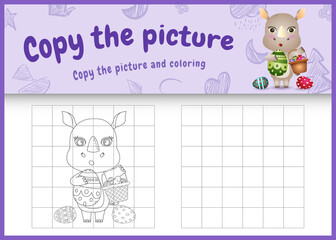 copy the picture kids game and coloring page themed easter with a cute rhino holding the bucket egg and easter egg