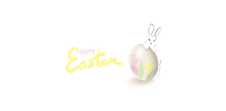 Happy easter banner. Realistic colored egg and hand-drawn bunny. Vector