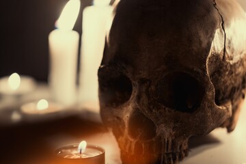 Human skull against dark background in candle light closeup