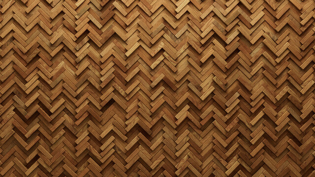 Wood Block Wall background. Mosaic Wallpaper with Light and Dark Timber Herringbone tile pattern. 3D Render 