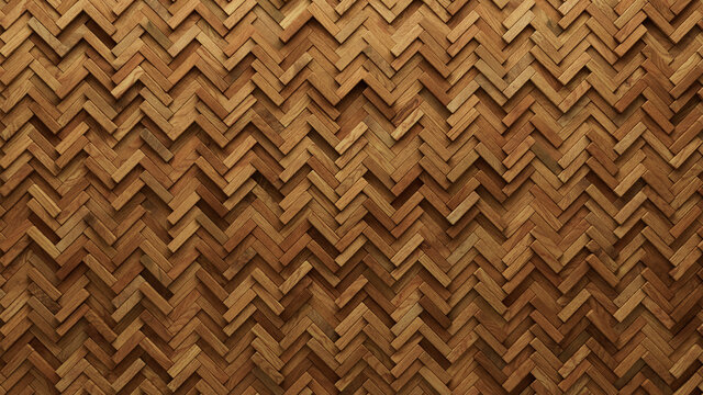 Wood Block Wall background. Mosaic Wallpaper with Light and Dark Timber Herringbone tile pattern. 3D Render 