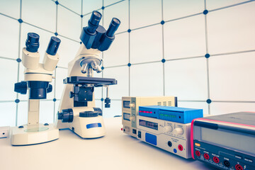Measuring instruments in a modern physics research laboratory.