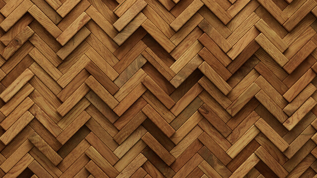 Wood Block Wall background. Mosaic Wallpaper with Light and Dark Timber Herringbone tile pattern. 3D Render 