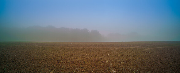Plowed field in fog