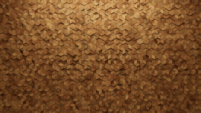Wood Block Wall background. Mosaic Wallpaper with Light and Dark Timber Diamond tile pattern. 3D Render 