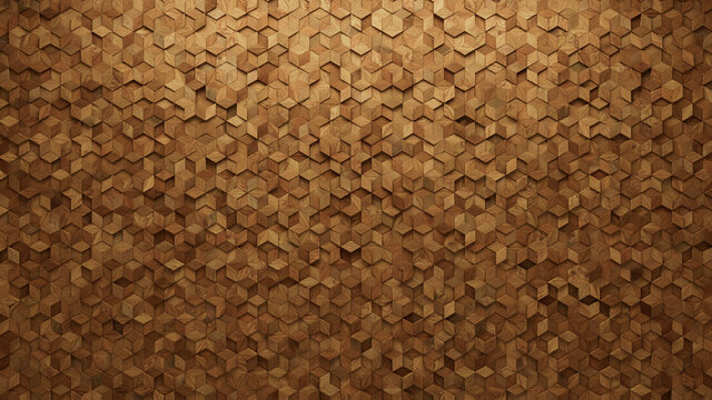 Wood Block Wall background. Mosaic Wallpaper with Light and Dark Timber Diamond tile pattern. 3D Render 