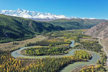 landscape top view, river autumn forest drone, beautiful journey