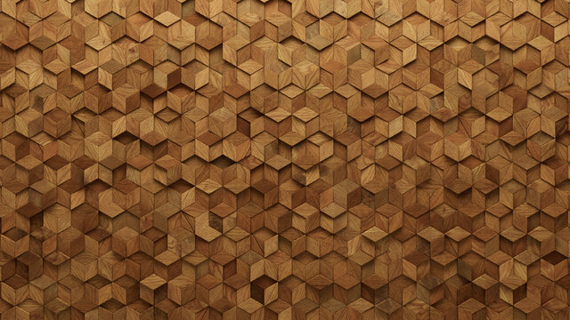 Wood Block Wall background. Mosaic Wallpaper with Light and Dark Timber Diamond tile pattern. 3D Render 