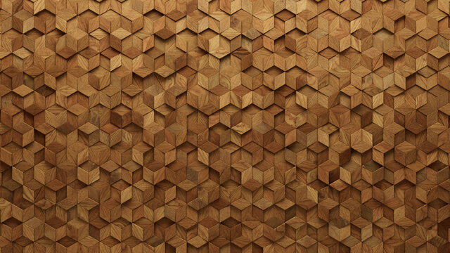 Wood Block Wall background. Mosaic Wallpaper with Light and Dark Timber Diamond tile pattern. 3D Render 