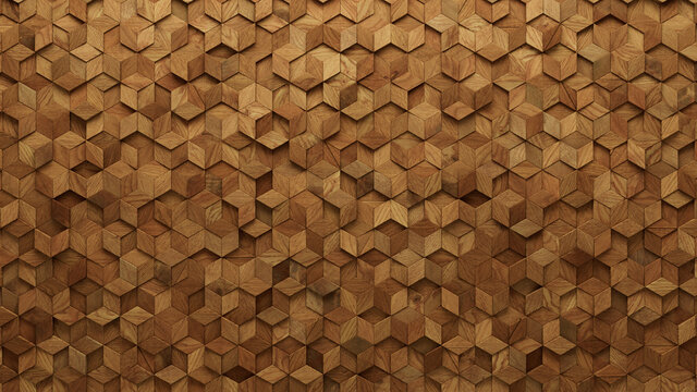 Wood Block Wall background. Mosaic Wallpaper with Light and Dark Timber Diamond tile pattern. 3D Render 