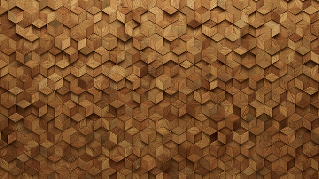 Wood Block Wall background. Mosaic Wallpaper with Light and Dark Timber Diamond tile pattern. 3D Render 