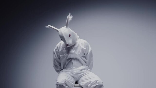 Madness and mental illness concept. Scary, crazy person in animal mask tied in a white room. Nightmare, psychosis. Paranoia and depression concept, isolated madman.