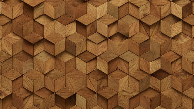 Wood Block Wall background. Mosaic Wallpaper with Light and Dark Timber Diamond tile pattern. 3D Render 