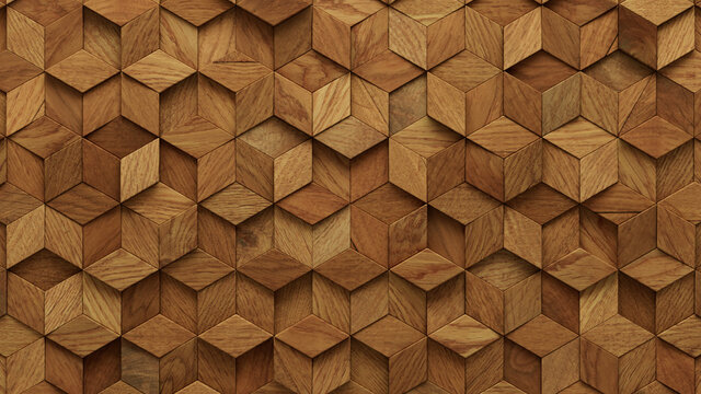Wood Block Wall background. Mosaic Wallpaper with Light and Dark Timber Diamond tile pattern. 3D Render 