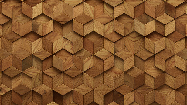 Wood Block Wall background. Mosaic Wallpaper with Light and Dark Timber Diamond tile pattern. 3D Render 