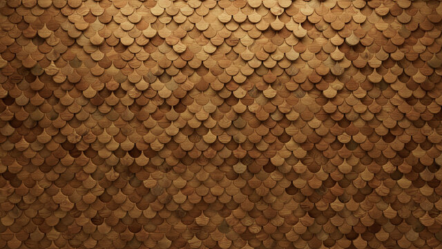 Wood Block Wall background. Mosaic Wallpaper with Light and Dark Timber Fish Scale tile pattern. 3D Render 