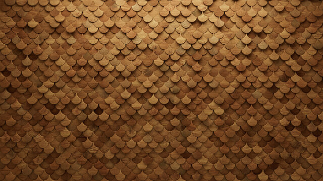 Wood Block Wall background. Mosaic Wallpaper with Light and Dark Timber Fish Scale tile pattern. 3D Render 