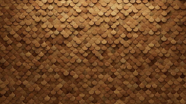 Wood Block Wall background. Mosaic Wallpaper with Light and Dark Timber Fish Scale tile pattern. 3D Render 