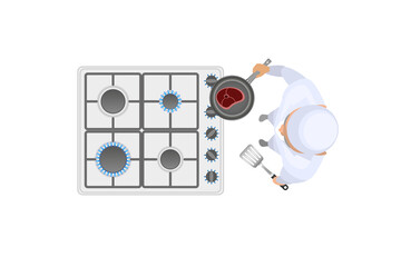 Vector illustration. The cook is cooking on the gas stove. Top view. 